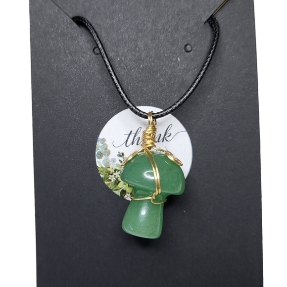 Handcrafted Aventurine Mushroom Necklace With 18-IN Cotton Wax Cord - Picture 2 of 4